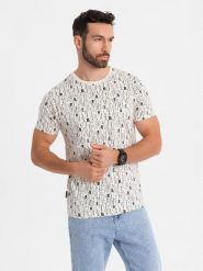 Koszulka bawełniana z nadrukiem i okrągłym dekoltem – kremowa V1 - Rozmiar: S. Białe t-shirty męskie Ombre Clothing, m, bez wzorów, z bawełny, bez kołnierzyka, bez ramiączek. W wyprzedaży za 82.49 zł.