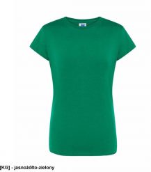 JHK T-shirt damski JHK - premium z krótkim rękawem, dopasowany do sylwetki, single jersey, 170 g jasnożółto-zielony S. Zielone t-shirty damskie JHK, s, bez wzorów, z jersey, bez kołnierzyka, bez ramiączek. Za 14.08 zł.