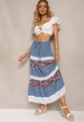 Biało-Niebieska Bawełniana Spódnica High Waist z Gumką w Talii i Ozdobną Koronką Tesaquin. Białe spódnice damskie Renee, na lato, l, bez wzorów, z bawełny, z podwyższonym stanem, maxi. Za 44.99 zł.