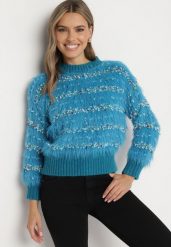 Niebieski Sweter z Wiskozą i Bawełną z Kolorową Nicią Raithra. Niebieskie swetry nierozpinane damskie Born2be, uniwersalny, z aplikacjami, z bawełny, eleganckie, bez kołnierzyka, bez ramiączek. Za 89.99 zł.