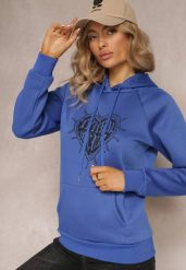 Granatowa Klasyczna Bluza z Nadrukiem na Przodzie i Kapturem Inalle. Niebieskie bluzy damskie Renee, na jesień, l, bez wzorów, casualowe, bez ramiączek. Za 79.99 zł.