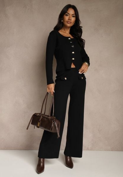 Czarny Elegancki Komplet z Dzianiny z Wiskozą Kardigan i Spodnie Delinavea. Czarne kardigany damskie Renee, m, z aplikacjami, z dzianiny, eleganckie, bez kołnierzyka. Za 239.99 zł.