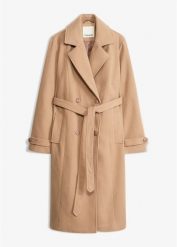 Zimowy trencz o wyglądzie wełny. Brązowe płaszcze damskie bonprix, na zimę, bez wzorów, z wełny, eleganckie, bez kołnierzyka, bez kaptura. Za 329.99 zł.