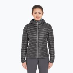 Kurtka puchowa damska Rab Cirrus Flex Hoody. Czarne kurtki sportowe damskie RAB, bez wzorów, z puchu, bez ramiączek, bez kaptura, trekkingowe. Za 521.80 zł.