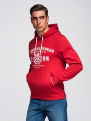 Męska bluza z kapturem kangurka z nadrukiem w stylu college – czerwona V1 - Rozmiar: XL. Czerwone bluzy męskie Ombre Clothing, m, bez wzorów, z bawełny, eleganckie, bez ramiączek, z kapturem. W wyprzedaży za 99.99 zł.