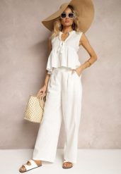Białe Spodnie z Bawełny i Lnem High Waist Kolalia. Białe spodnie materiałowe damskie Renee, bez wzorów, z bawełny, biznesowe, z podwyższonym stanem. Za 64.99 zł.