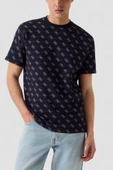 GUESS Granatowy męski t-shirt w monogram Jacquard 4G Knit, Rozmiar S. Niebieskie t-shirty męskie Guess, m, z aplikacjami, bez kołnierzyka, bez ramiączek. Za 379.99 zł.