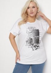 Jasnoszary Bawełniany T-shirt z Metalicznym Nadrukiem Farilna. Szare t-shirty damskie Born2be, uniwersalny, bez wzorów, z bawełny, bez kołnierzyka, bez ramiączek. Za 39.99 zł.