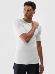4F Koszulka treningowa szybkoschnąca męska - biała S. Białe t-shirty męskie 4F, m, bez wzorów, z dzianiny, bez kołnierzyka, bez ramiączek. W wyprzedaży za 44.99 zł.