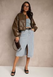 Jasnoniebieska Jeansowa Spódnica z Bawełny High Waist z Rozcięciem i Paskiem w Zestawie Isanira. Niebieskie spódnice damskie Renee, do pracy, l, bez wzorów, z bawełny, biznesowe, z podwyższonym stanem, midi, proste. Za 129.99 zł.