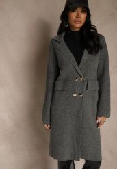 Szary Płaszcz Dwurzędowy o Długim Kroju w Eleganckim Stylu Saratusa. Szare płaszcze damskie Renee, bez wzorów, z jeansu, biznesowe, bez kołnierzyka, bez kaptura. Za 139.99 zł.