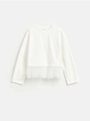 Bluza z tiulowym dołem - złamana biel. Bluzy damskie Reserved, l, bez wzorów, z bawełny, bez ramiączek, bez kaptura. Za 99.99 zł.