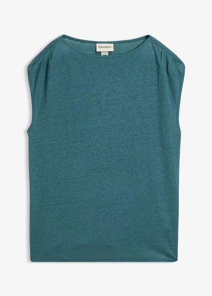 Bluzka z czystego lnu. Niebieskie bluzki damskie bonprix, bez wzorów, bez kołnierzyka, bez ramiączek. Za 124.99 zł.