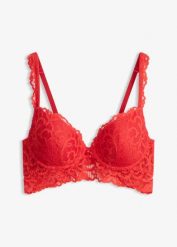 Biustonosz push-up z miękkiej koronki. Czerwone biustonosze bonprix, bez wzorów, z koronki. Za 84.99 zł.