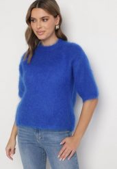 Niebieski Moherowy Sweter o Kroju Nietoperza z Rękawami 3/4 Eleanira. Niebieskie swetry nierozpinane damskie Born2be, na zimę, uniwersalny, z aplikacjami, z jeansu, eleganckie, bez kołnierzyka, bez ramiączek. Za 299.99 zł.