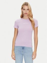 Guess Jeans T-Shirt W4YI01 J1314 Fioletowy Slim Fit. Fioletowe t-shirty damskie Guess Jeans, xs, z aplikacjami, z bawełny, bez kołnierzyka, bez ramiączek. Za 89.99 zł.