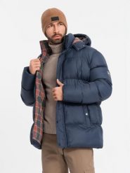 Kurtka męska puffer z podszewką w kratę – granatowa V1 - Rozmiar: S. Niebieskie kurtki męskie Ombre Clothing, m, z aplikacjami, z bawełny, bez kaptura. W wyprzedaży za 314.99 zł.