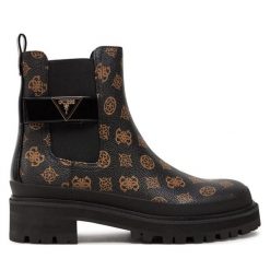 Botki Guess. Czarne botki damskie Guess, z aplikacjami, bez obcasa, na płaskiej podeszwie, bez zapięcia. Za 649.99 zł.