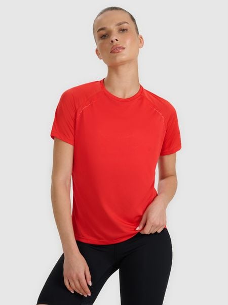 4F Koszulka do biegania regular szybkoschnąca damska - czerwona XS. Czerwone koszulki sportowe damskie 4F, xs, bez wzorów, z materiału, bez ramiączek, do biegania. W wyprzedaży za 99.99 zł.