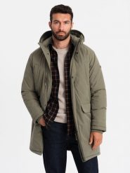 Klasyczna męska długa kurtka typu parka – oliwkowa V3 OM-JALJ-0166 - XXL. Zielone kurtki męskie Ombre Clothing, l, z aplikacjami, z gumy, klasyczne, bez kołnierzyka, z kapturem. W wyprzedaży za 179.99 zł.