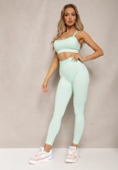 Miętowy Elastyczny Komplet Fitness Usztywniany Biustonosz i Legginsy z Gumką Orbinra. Zielone legginsy damskie Renee, bez wzorów. Za 59.99 zł.