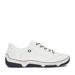 Półbuty Rieker. Białe półbuty damskie Rieker, bez wzorów, bez obcasa, na płaskiej podeszwie, bez zapięcia. Za 349.99 zł.