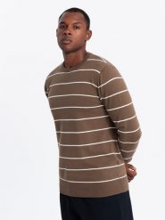 Męski sweter casualowy w poziome paski – brązowy V3 OM-SWSW-0143 - XXL. Brązowe swetry męskie Ombre Clothing, l, z aplikacjami, z bawełny, wizytowe, bez kołnierzyka, bez ramiączek. W wyprzedaży za 79.99 zł.