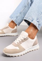 Biało-Ciemnobeżowe Sznurowane Sneakersy na Płaskiej Podeszwie z Wycięciami i Wstawkami Zaylynn. Brązowe obuwie sportowe damskie Renee, bez wzorów, ze skóry, bez zapięcia. Za 89.99 zł.