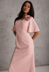 Różowa Zwiewna Sukienka Wieczorowa VICES z Aplikacją 3D w Kształcie Kwiatu Themira. Czerwone sukienki damskie Renee, l, z aplikacjami, eleganckie, bez kołnierzyka, bez ramiączek, midi, kopertowe. Za 169.99 zł.