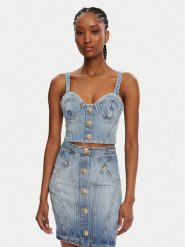 Balmain Top DF1AA345DE53 Niebieski Slim Fit. Niebieskie topy damskie Balmain, bez wzorów, z jeansu, bez kołnierzyka, bez ramiączek. Za 3,849.00 zł.