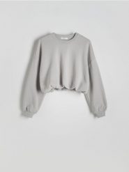 Krótka bluza ze ściągaczem - jasnoszary. Szare bluzy damskie Reserved, l, bez wzorów, z bawełny, bez ramiączek, bez kaptura. W wyprzedaży za 49.99 zł.