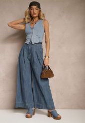 Granatowe Szerokie Jeansy z Bawełny High Waist Cohna. Niebieskie jeansy damskie Renee, na lato, bez wzorów, z bawełny, sportowe, z podwyższonym stanem. Za 129.99 zł.