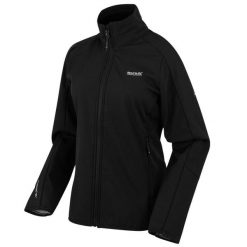 Kurtka damska softshell wodoodporny Moutdale. Czarne kurtki sportowe damskie Regatta, bez wzorów, z materiału, bez ramiączek, bez kaptura, trekkingowe. Za 174.20 zł.