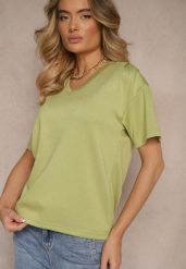 Zielony T-shirt z Dekoltem w Serek Fonellea. Zielone t-shirty damskie Renee, l, bez wzorów, z jeansu, bez kołnierzyka, bez ramiączek. Za 39.99 zł.