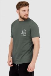 ARMANI EXCHANGE Szaro-zielony t-shirt męski z wyszywanym logo. Zielone t-shirty męskie Armani Exchange, l, bez wzorów, prążkowane, bez kołnierzyka, bez ramiączek. W wyprzedaży za 159.99 zł.