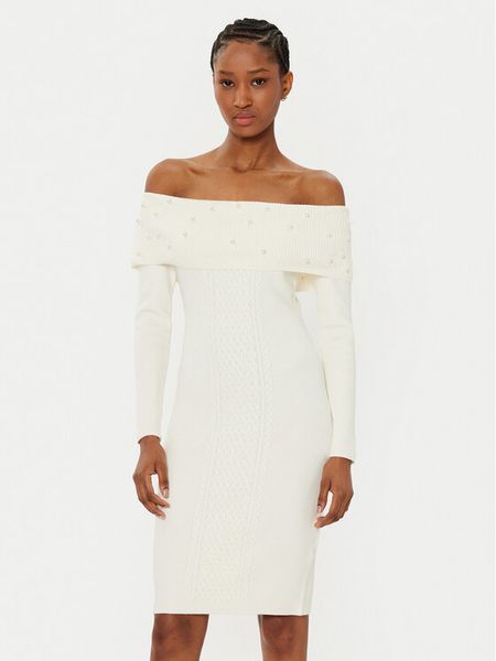 Guess Sukienka dzianinowa W5RK0G Z2YJ2 Écru Regular Fit. Sukienki damskie Guess, m, z aplikacjami, z dzianiny, bez kołnierzyka, bez ramiączek. Za 377.00 zł.