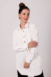 Nowoczesna Koszulowa Tunika - Śmietankowa. Białe tuniki damskie MOE, l, bez wzorów, z materiału, bez ramiączek. Za 296.90 zł.