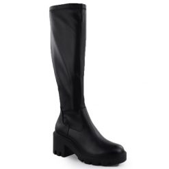 Kozaki damskie na klocku czarne Potocki SZ12533. Czarne kozaki damskie POTOCKI, bez wzorów, ze skóry ekologicznej, bez obcasa, bez zapięcia. Za 219.99 zł.