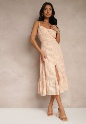 Pomarańczowa Rozkloszowana Sukienka z Wiskozą na Cienkich Ramiączkach z Guzikami Efrisela. Brązowe sukienki damskie Renee, na spacer, l, bez wzorów, z wiskozy, eleganckie, bez kołnierzyka, bez ramiączek, midi, rozkloszowane. Za 89.99 zł.