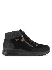 Rieker Botki L7701-00 Czarny. Czarne botki damskie Rieker, bez wzorów, ze skóry, bez obcasa, na płaskiej podeszwie, bez zapięcia. Za 399.99 zł.
