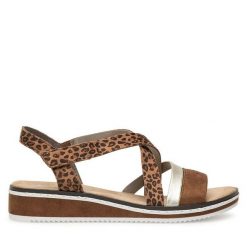 Sandały Rieker. Brązowe sandały damskie Rieker, bez wzorów, bez obcasa, na koturnie, bez zapięcia. Za 299.99 zł.