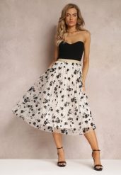 Jasnobeżowa Spódnica Midi Tiulowa z Welurowymi Kwiatami i Gumką w Talii Zihrosa. Brązowe spódnice damskie Renee, bez wzorów, z tiulu, midi, rozkloszowane. Za 54.99 zł.