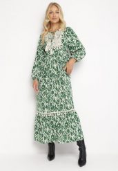 Zielona Rozkloszowana Sukienka Maxi z Falbanką Tinamessa. Zielone sukienki damskie Born2be, l, bez wzorów, z materiału, bez kołnierzyka, bez ramiączek, maxi, rozkloszowane. Za 129.99 zł.