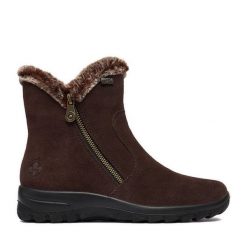 Botki Rieker. Brązowe botki damskie Rieker, bez wzorów, bez obcasa, na płaskiej podeszwie, bez zapięcia. Za 399.99 zł.