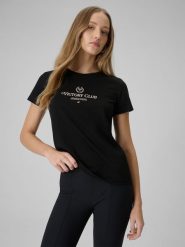 4F T-shirt regular z nadrukiem damski - czarny XL. Czarne t-shirty damskie 4F, xl, bez wzorów, z dzianiny, bez kołnierzyka, bez ramiączek. Za 59.99 zł.