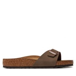 Klapki Birkenstock. Brązowe klapki damskie Birkenstock, bez wzorów, bez zapięcia. Za 259.99 zł.