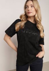 Czarny Bawełniany T-shirt Oversize z Haftowanym Napisem z Cekinami Aewai. Czarne t-shirty damskie Born2be, m, bez wzorów, z bawełny, eleganckie, bez kołnierzyka, bez ramiączek. Za 59.99 zł.