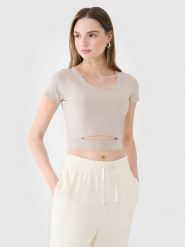 4F T-shirt crop top gładki damski - beżowy M. Brązowe t-shirty damskie 4F, m, bez wzorów, z bawełny, sportowe, bez kołnierzyka, bez ramiączek. W wyprzedaży za 19.99 zł.