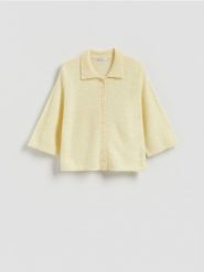 Kardigan z dodatkiem wełny z alpaki - jasnożółty. Żółte kardigany damskie Reserved, l, bez wzorów, z dzianiny, bez kołnierzyka. Za 149.99 zł.