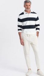 Ombre Męskie spodnie dresowe typu jogger - kremowe V11 OM-PABS-0173 XL. Białe spodnie sportowe męskie Ombre, m, bez wzorów, z dresówki. Za 89.99 zł.
